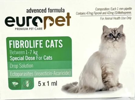 قطره ضد کک و کنه گربه یوروپت Europet ‌‌Fibrolife Cats بسته 5 عددی